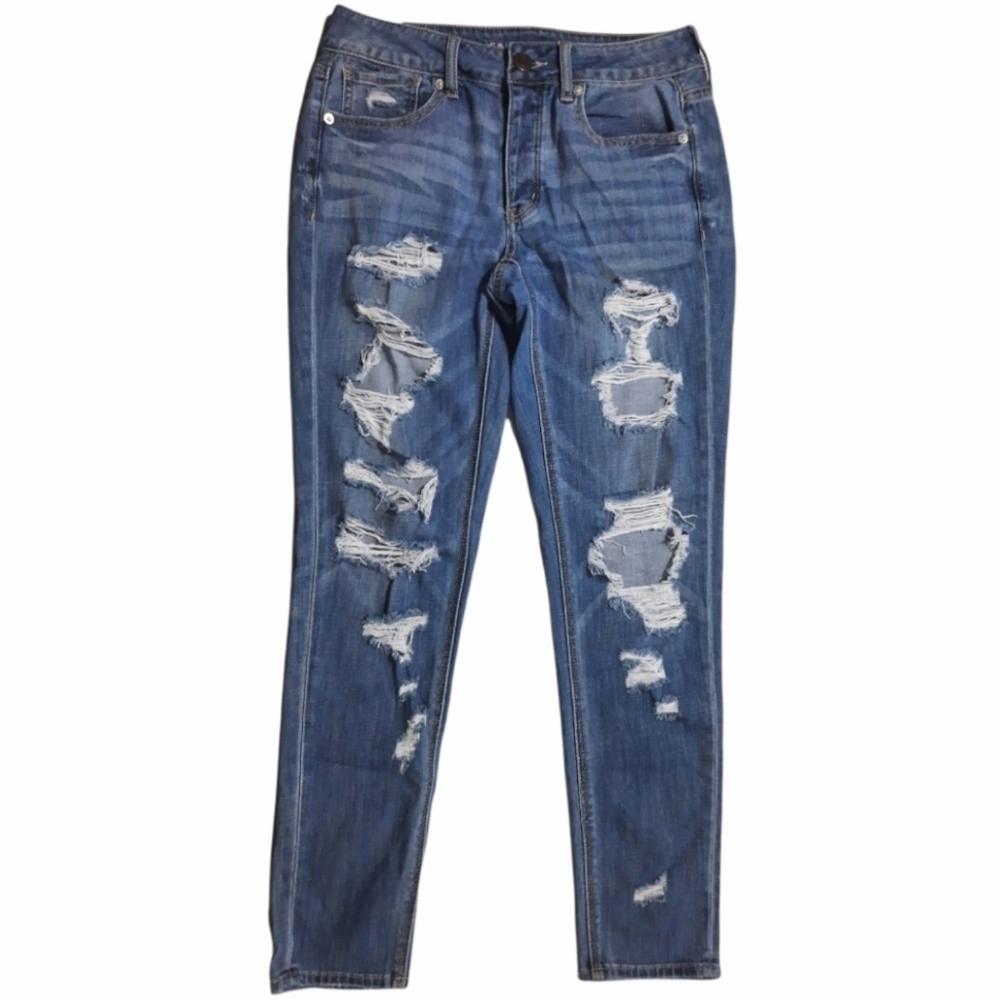 American Eagle Stretch Tomgirl Distressed Raw Hem Button Fly Jeans Size 2